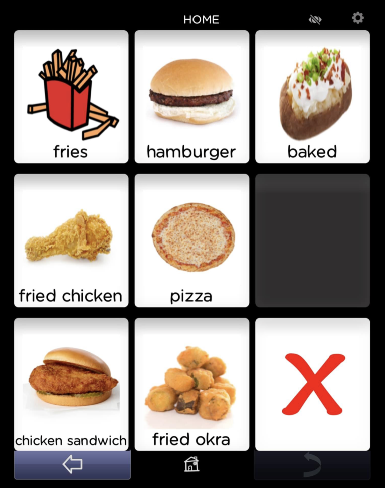 BRIDGE Communication AAC app. Food choice vocabulary board.