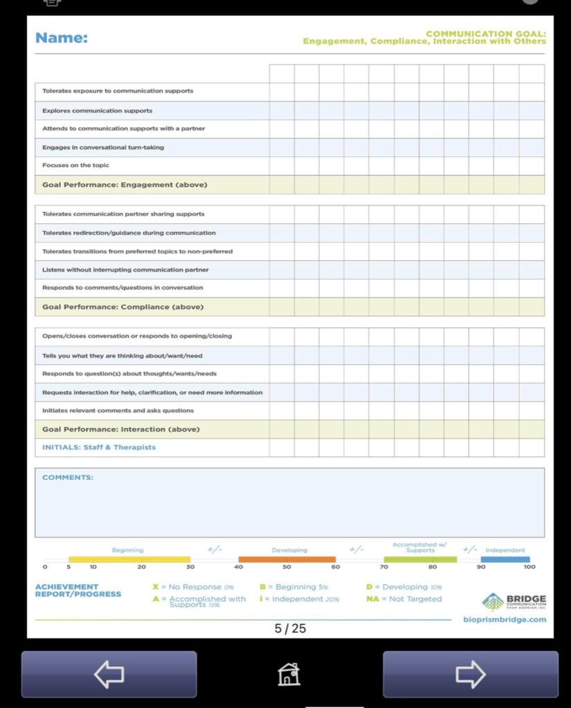 BRIDGE Communication affordable AAC app. SLP/teacher progress tracking form.