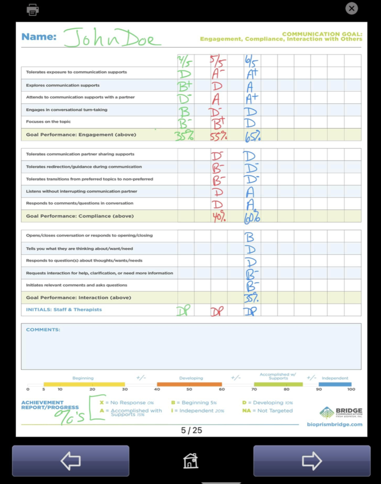 BRIDGE Communication affordable AAC app. SLP/teacher progress tracking form.