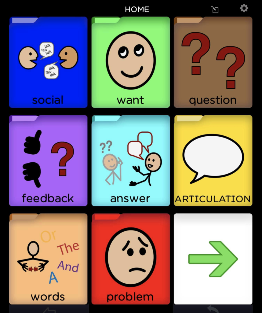 BRIDGE Communication affordable AAC app. HOME page for default communication boards.